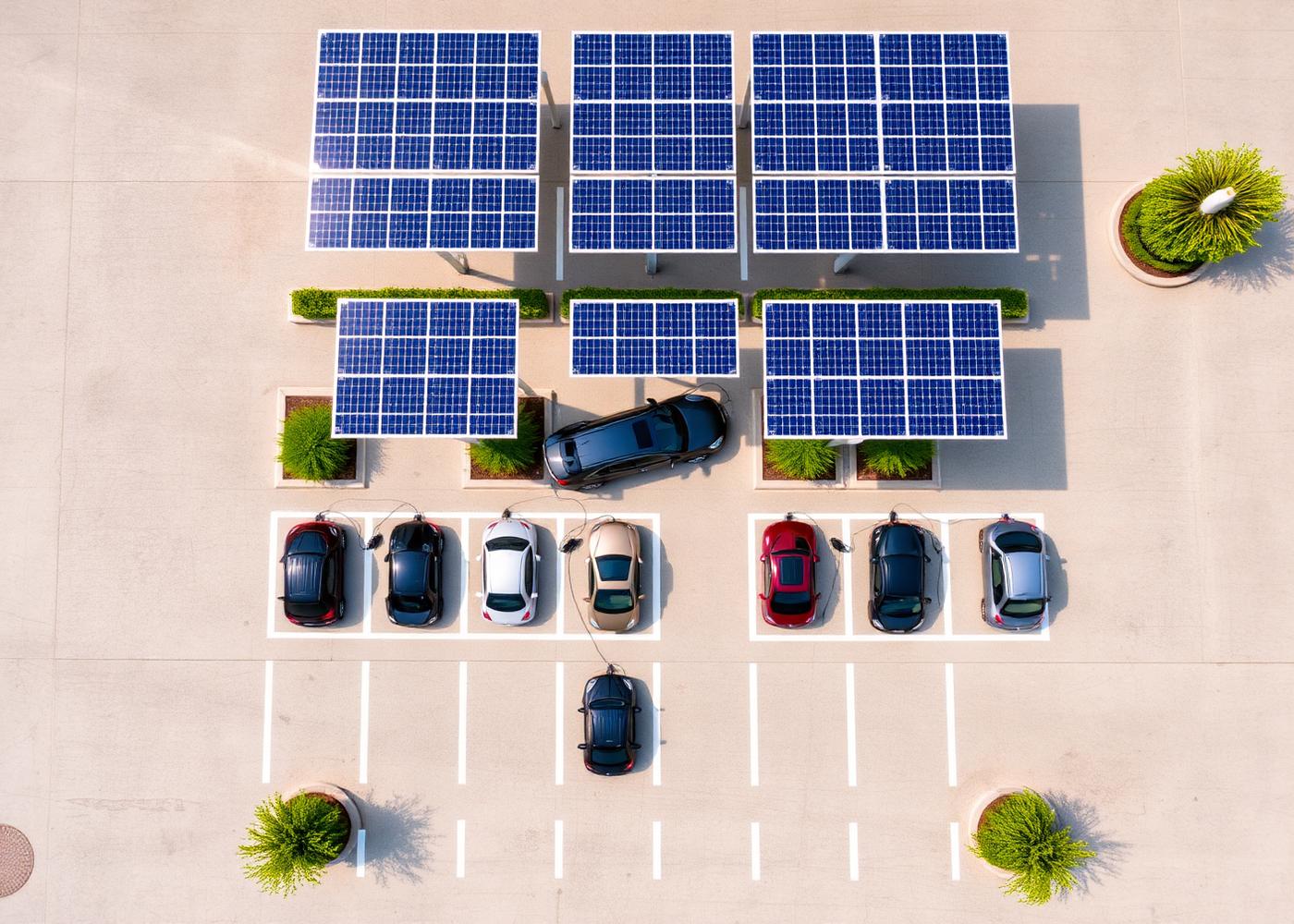 Aerial view of solar-covered supercharger lot