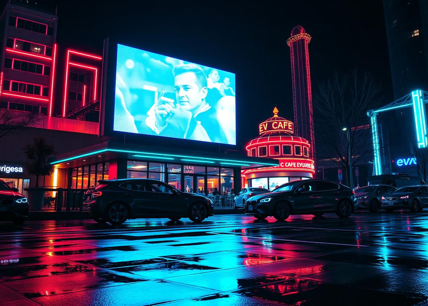 Giant outdoor megascreen at EV Cafe