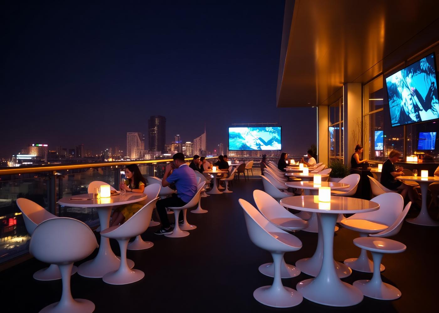 Rooftop dining area with megascreen